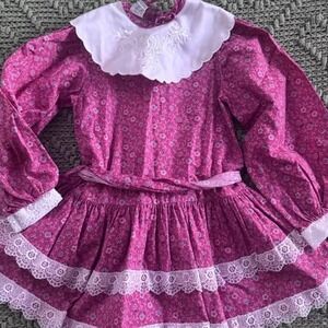 Mini World Girls 4T Pink Dress Long Sleeve Floral Lace Ruffle Vintage